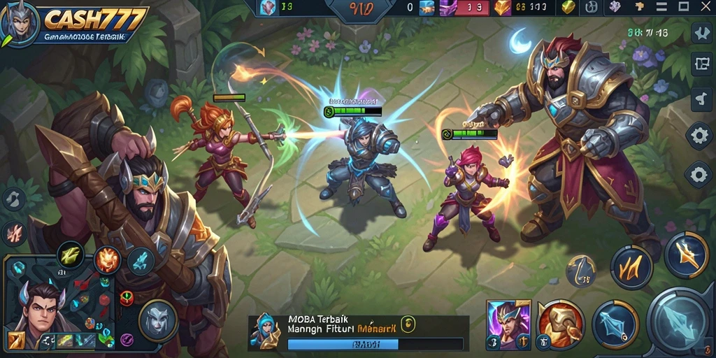 Screenshot gameplay CASH777 menampilkan pertempuran seru di arena MOBA.