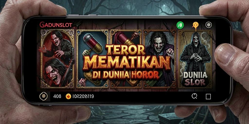 Screenshot gameplay GADUNSLOT yang menampilkan suasana horor yang mencekam.
