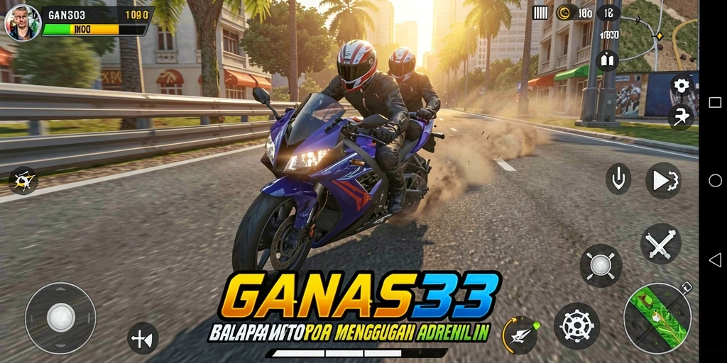 Screenshot dari gameplay seru GANAS33 dengan aksi balapan motor.