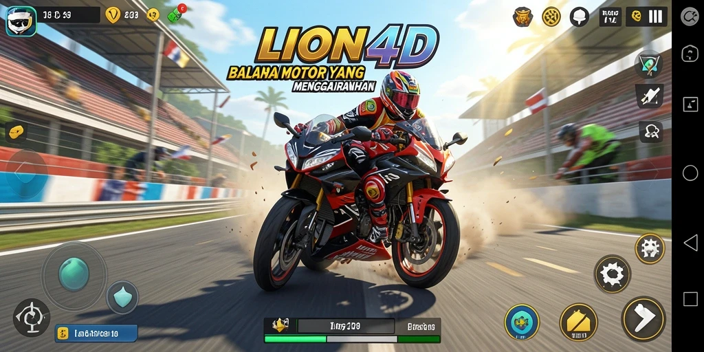 Tangkapan layar utama gameplay LION4D menampilkan balapan motor yang intens.