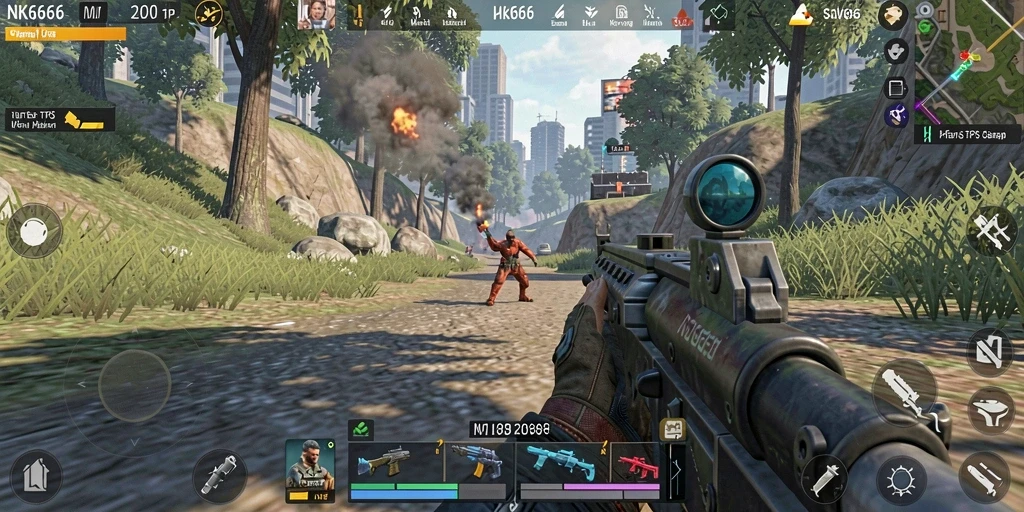 Screenshot menunjukkan pemain dalam aksi tembak-menembak yang intens di NK666.