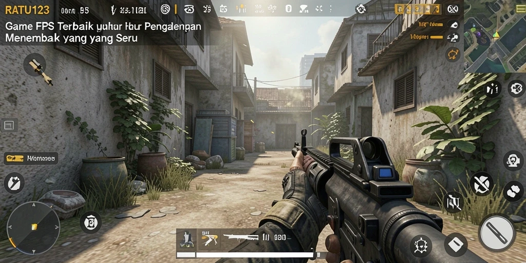 Tampilan gameplay menegangkan dari RATU123 dalam suasana pertempuran FPS.