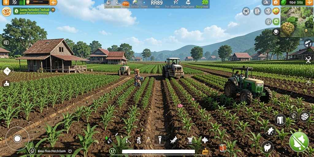 Screenshot gameplay RR89 menampilkan kebun yang subur dan beragam tanaman.