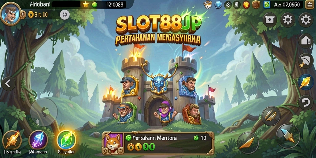 Tangkapan layar menampilkan pertarungan seru di game Tower Defense SLOT88JP.
