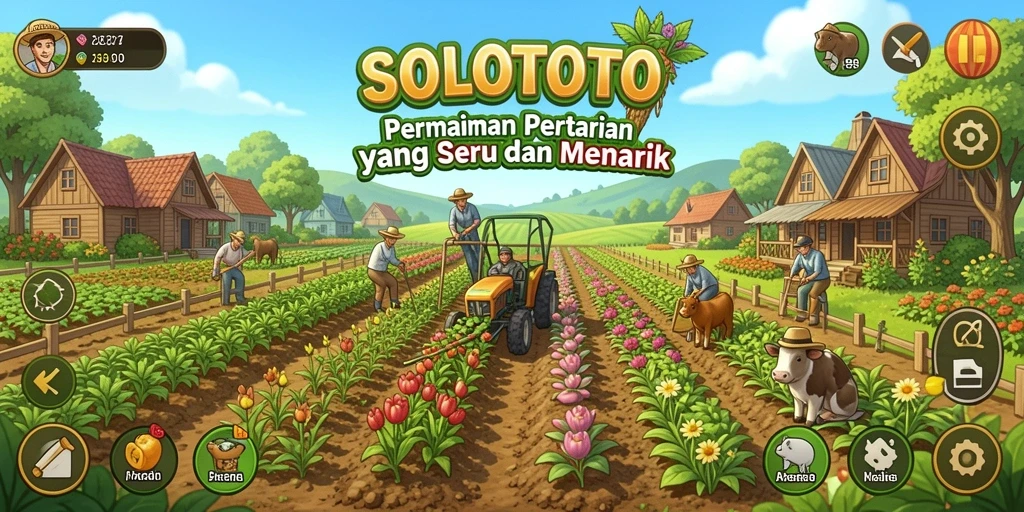Screenshot gameplay SOLOTOTO menampilkan petak pertanian yang subur dan hewan ternak yang bahagia.