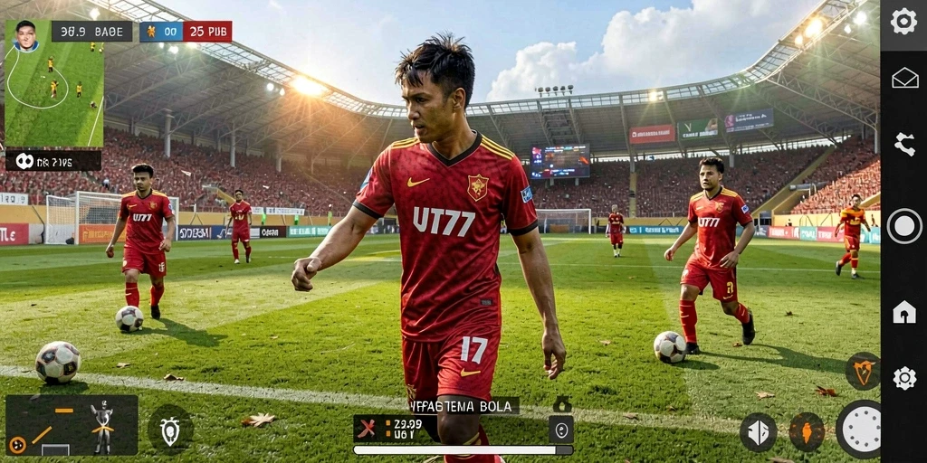 Screenshot gameplay UT77 dengan aksi sepak bola yang menegangkan.